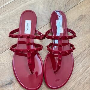 Valentino Garavani Red PVC Rockstud T-Strap Flat Slide Sandals EU 39/9 US